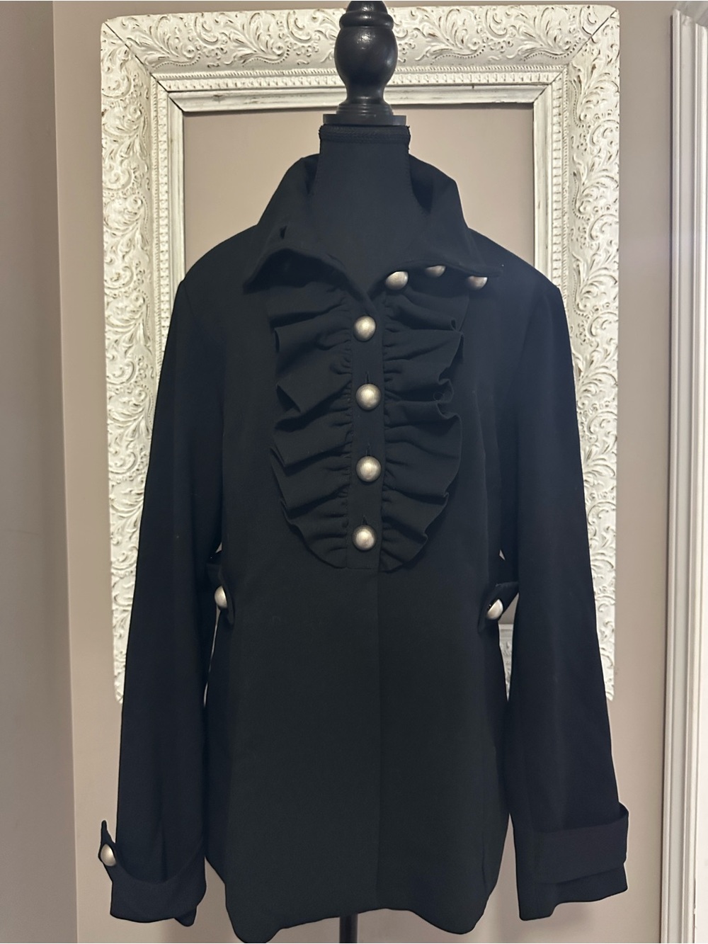 Mac & Jac Black Ruffle Bib Military Coat Jacket Silver Buttons Gothic Victorian